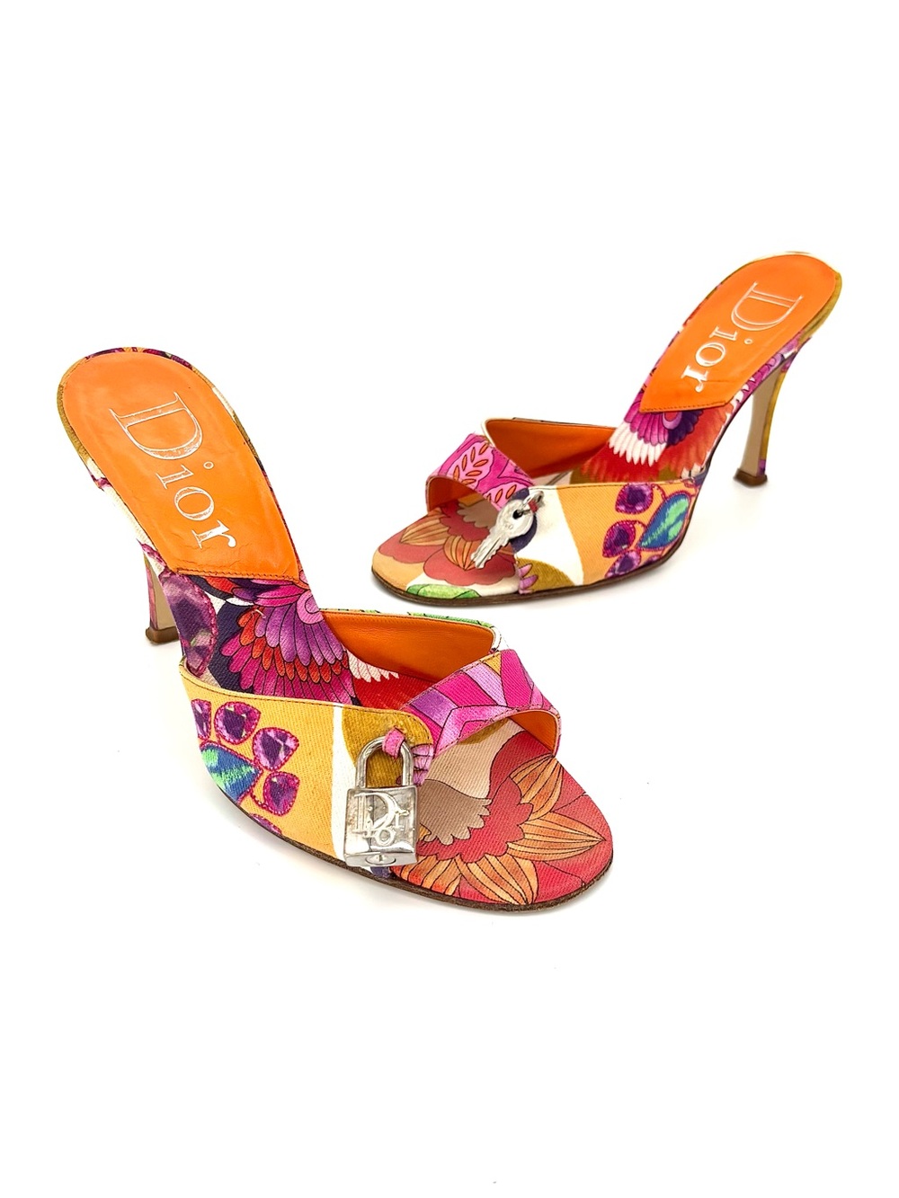 Christian Dior Vintage John Galliano Padlock and Key Floral Print Mules 37.5 - Picture 7 of 10